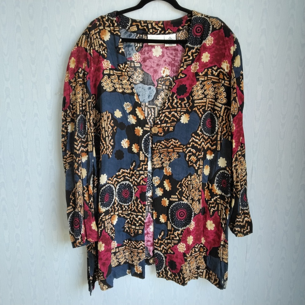 Vtg Women's 24W Cardigan Blouse Short Sleeve Rayon Patchwork Fairy Boho Topper‎